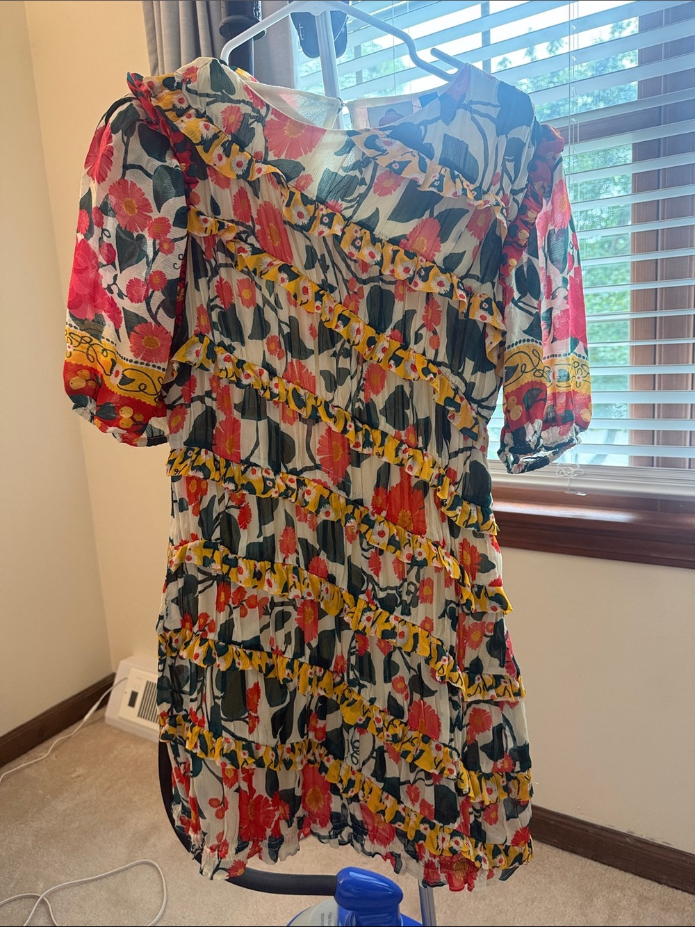 FARM Rio Floral Ruffle Mini Dress in White, Red, Yellow and Green
